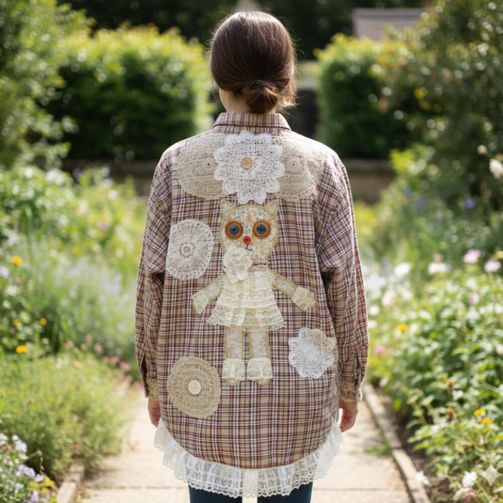 Artisan Upcycled Plaid Shirt XL - Handmade Patchwork Lace Cat & Vintage Doily